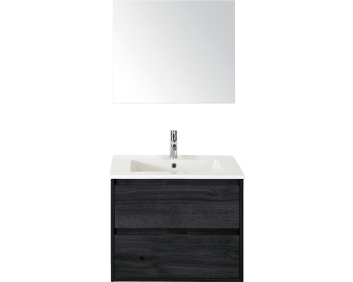 Badmöbel-Set Sanox Porto BxHxT 71 x 170 x 51 cm Frontfarbe black oak mit Waschtisch Keramik weiß und Keramik-Waschtisch Spiegel Waschtischunterschrank