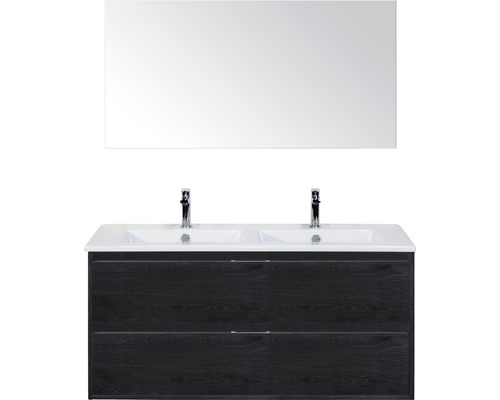 Badmöbelset 3-teilig Doppelbadmöbel Sanox Porto BxHxT 121 x 170 x 51 cm Frontfarbe black oak mit Waschtisch Keramik weiß und Keramik-Doppelwaschtisch Spiegel Waschtischunterschrank Griff chrom matt 84730049 Badezimmermöbel-Set mit Doppelwaschbecken, Unterschrank und Spiegel