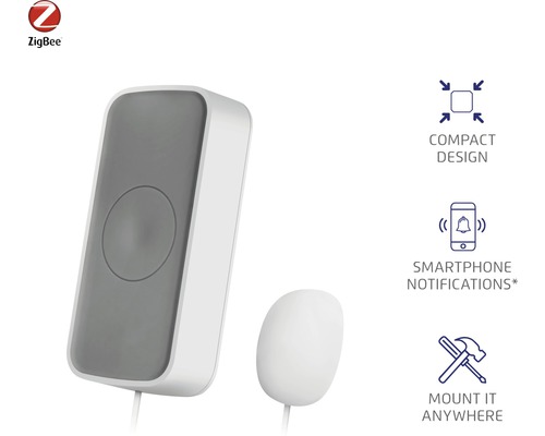 ZigBee Logo. Intelligenter Wassermelder mit Smartphone Benachrichtigung und Montageoptionen.