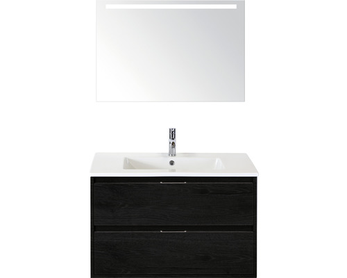 Badmöbel-Set Sanox Porto BxHxT 91 x 170 x 51 cm Frontfarbe black oak mit Waschtisch Keramik weiß und Keramik-Waschtisch Spiegel mit LED-Beleuchtung Waschtischunterschrank