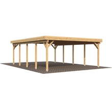 Holzcarport mit Flachdach und mehreren Stützpfosten