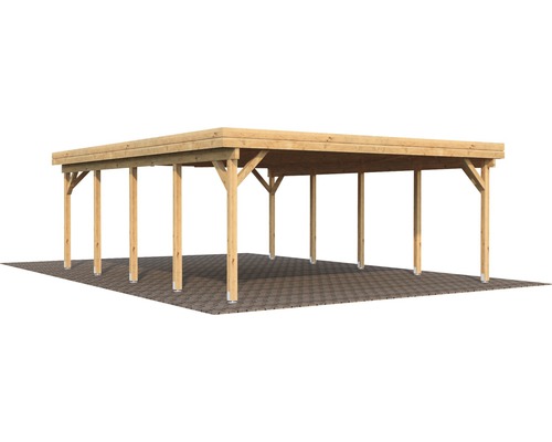Holzcarport mit Flachdach und mehreren Stützpfosten