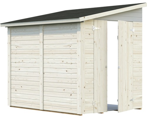 Holzgartenhaus mit geöffneter Doppeltür und Dach