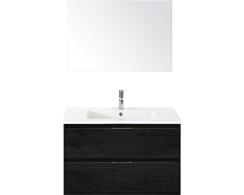 Badmöbel-Set Sanox Porto BxHxT 91 x 170 x 51 cm Frontfarbe black oak mit Waschtisch Keramik weiß und Keramik-Waschtisch Spiegel Waschtischunterschrank