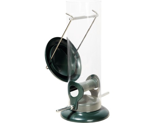 Vogelfutterspender mit transparentem Zylinder und Futteröffnungen