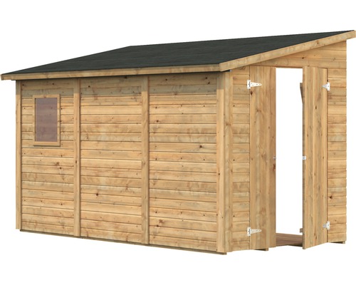 Holzgartenhaus mit Fenster und offener Doppeltür