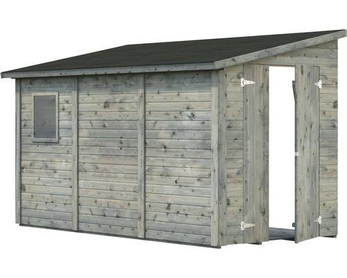 Gartenhaus aus Holz mit Fenster und offener Doppeltür