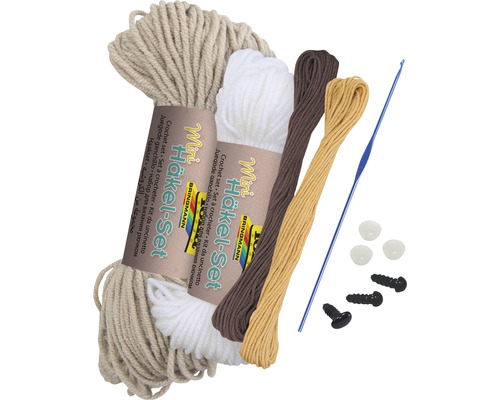Mini-Häkelset mit Garn, Häkelnadel, Sicherheitsaugen und Schrauben