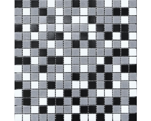 MIRAVA Glasmosaik mix weiß grau schwarz 30,5 x 32,5 cm Mosaikfliese mit kleinem quadratischen Muster in Schwarz und Weiß