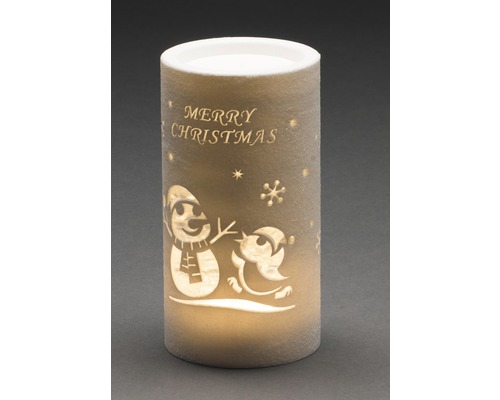 Dekorative LED-Kerze mit dem Schriftzug Frohe Weihnachten, Schneemann und Vogelmotiv