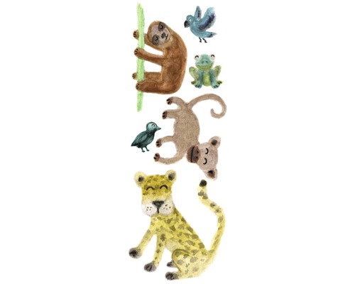 Illustration eines Faultiers, eines Affen, eines Frosches, eines Leoparden und zweier Vögel