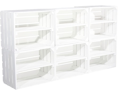 Regal aus sechs Holzkisten mit je zwei Fächern