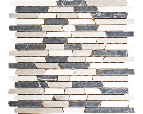 Natursteinmosaik MOS BRICK 1125 30,5x32,2 cm beige/grau/weiß Mosaikmatte aus Naturstein mit länglichen Steinen in verschiedenen Grautönen und Weiß.