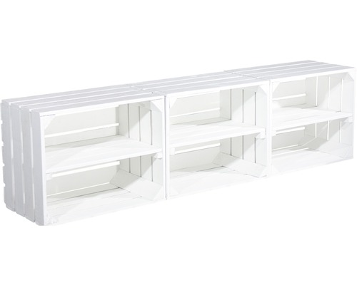 Drei weiße Holzkisten mit Regalböden