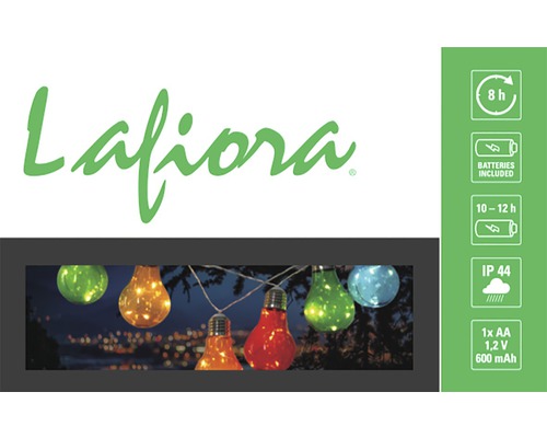 Lafiora Logo mit Abbildung einer Lichterkette mit farbigen Lampen, Batterien inklusive, Leuchtdauer acht Stunden, Laufzeit zehn bis zwölf Stunden, Schutzart IP44