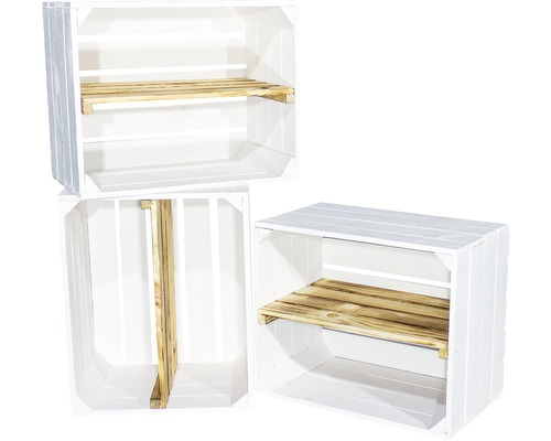 Drei weiße Holzkisten mit Regalböden für die Aufbewahrung