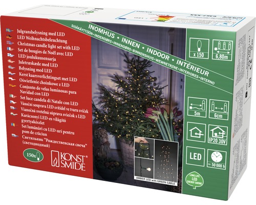 Verpackung einer LED-Weihnachtsbeleuchtung für den Innenbereich mit 150 Leuchten und grünem Kabel