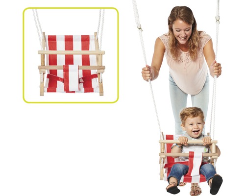 Kinderschaukel mit Holzrahmen und rot-weiß gestreiftem Sitz, im Gebrauch mit Kind