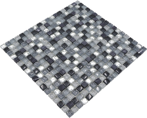Mosaikfliese mit quadratischen Glassteinen in Grau und Schwarz