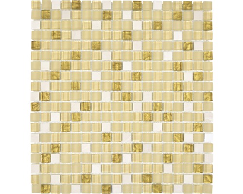 Glasmosaik mit Naturstein XCM M910 30,5x32,2 cm beige/weiß/gold Mosaikfliese mit Glas- und Metalleffekten