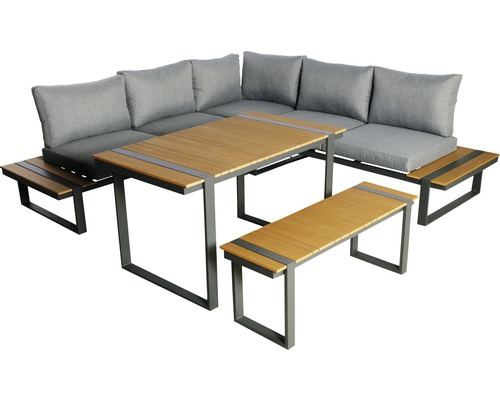 GARDEN PLACE Loungeset Eila 237 x 237 cm 7-Sitzer 3 tlg. inkl. Tisch 120 x 70 x 69 cm in Holzoptik inkl. Sitzkissen hellgrau