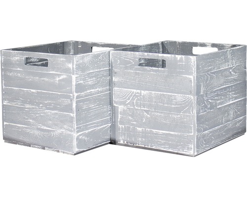 Zwei graue Holzkisten mit Tragegriffen