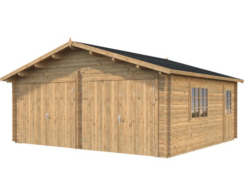 Doppelgarage aus Holz mit zwei Türen und Fenstern
