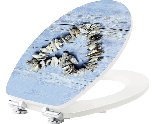 Toilettendeckel mit Herzmotiv aus Treibholz und Muscheln