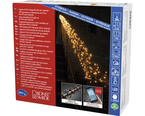 Konstsmide LED Lichterkette zur Steuerung per App für iOS und Android, mit 960 bernsteinfarbenen LEDs und schwarzem Kabel