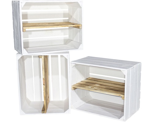 Drei weiße Holzkisten mit Regalböden für Lagerung und Dekoration