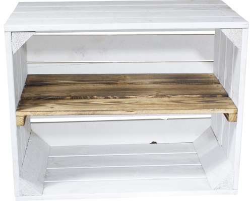 Weisse Holzkiste mit einem braunen Regalbrett