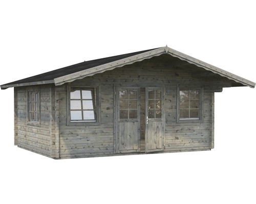 Gartenhaus aus Holz mit Fenstern und Doppeltür