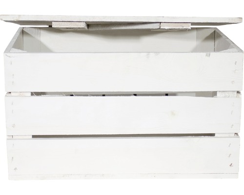 Offene weiße Holzkiste mit Deckel