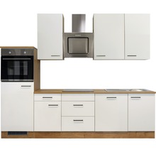 Moderne Einbauküche mit weißen Schränken, Dunstabzugshaube und Backofen