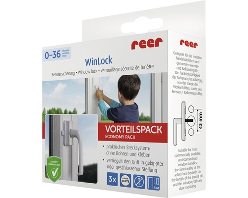 Verpackung einer Reer WinLock Fenstersicherung, geeignet für Fenster und Balkontüren
