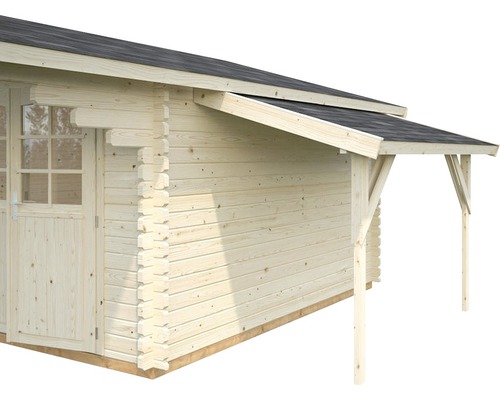 Detailansicht eines Gartenhauses mit Holzwand und überdachtem Eingangsbereich