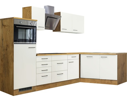 Komplette Küche mit Einbaubackofen, Dunstabzugshaube, Hängeschränken und Schubladen