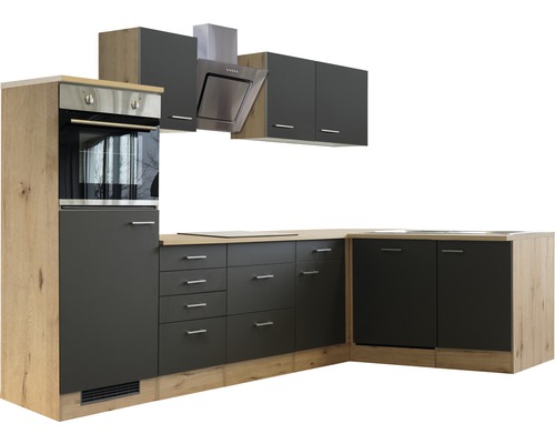 Moderne Eckküche mit Dunstabzugshaube, Backofen und Spüle