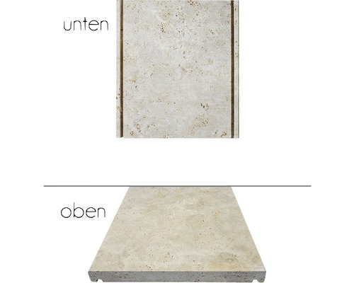 Travertinfliese, Ansicht von oben und unten
