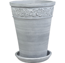 Pflanztopf aus Steingut mit Rosenmuster und passender Untertasse