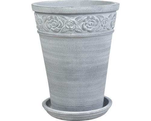 Pflanztopf aus Steingut mit Rosenmuster und passender Untertasse