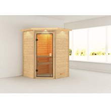 Holzsauna mit Glastür in einem hellen Raum