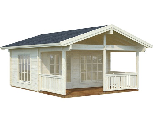 Holzgartenhaus mit überdachter Veranda und Fenstern