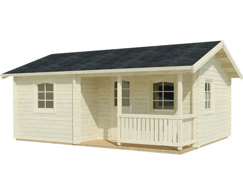 Holzgartenhaus mit Fenstern und Veranda