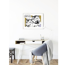 Ein Arbeitszimmer mit einem Schreibtisch, einem Stuhl und einem gerahmten Star Wars Druck an der Wand.