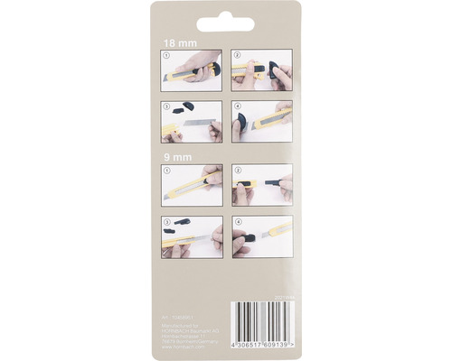 Verpackung mit Illustrationen zur Klingenwechselanleitung für 18 Millimeter und 9 Millimeter Cuttermesser