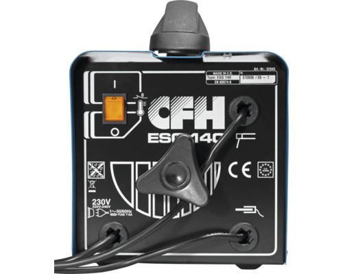 CFH ESG 140 Schweißgerät Rückansicht mit Bedienelementen und CE Kennzeichen