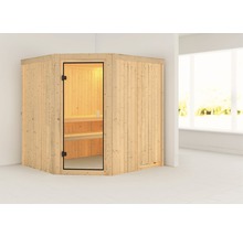 Elementsauna Karibu Bodo ohne Ofen und Dachkranz mit bronzierter Ganzglastüre