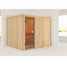 Elementsauna Karibu Nybro ohne Ofen und Dachkranz mit bronzierter Ganzglastüre