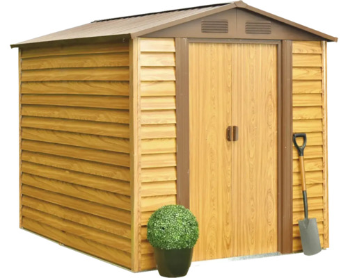 Geräteschuppen mit Doppeltür, Schaufel und Topfpflanze